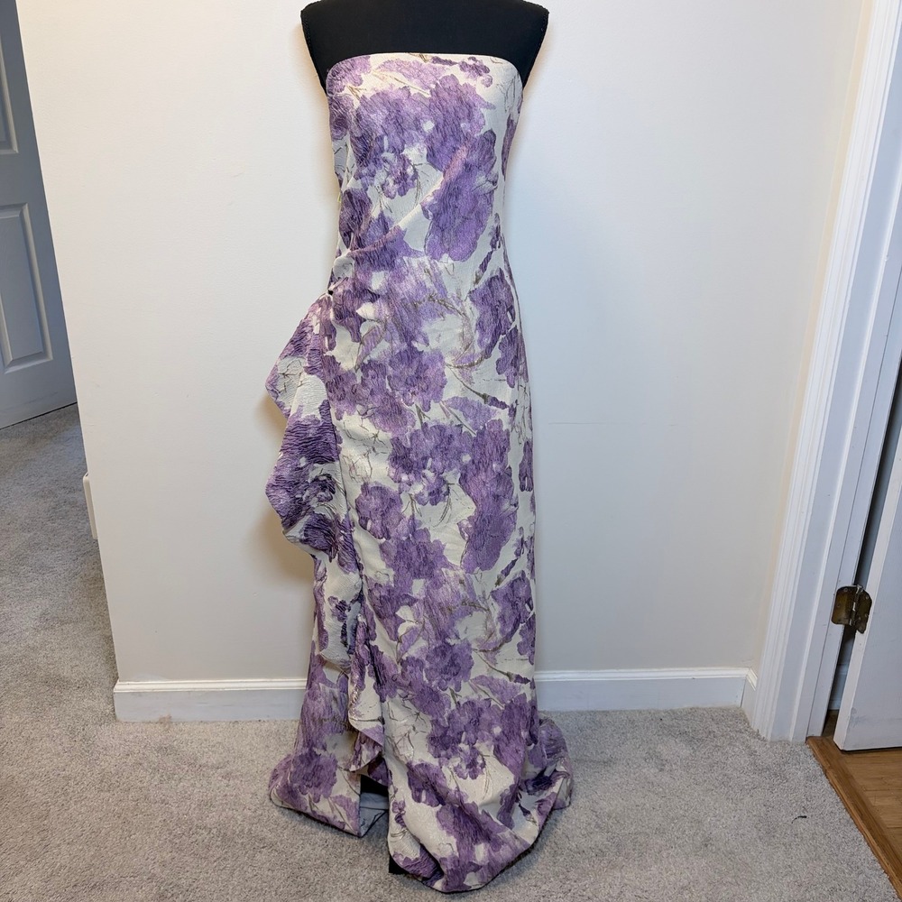 Donna Karan Purple Floral Brocade Strapless Ruffle Gown Size 14 Formal Dress